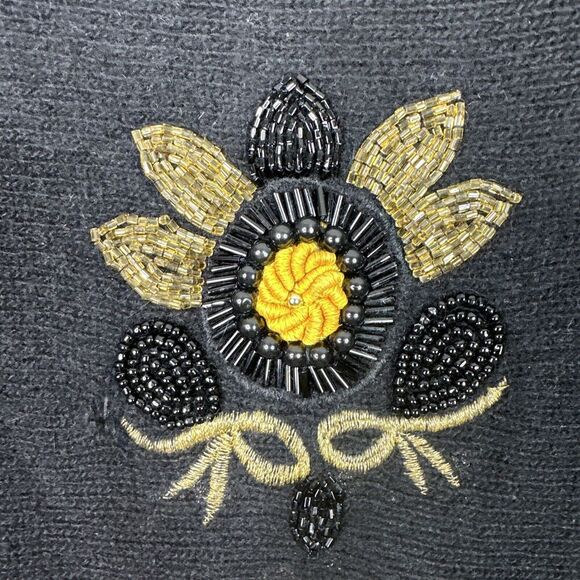 VTG  80s La Mittini Wool Angora Sweater L Black Floral Embroidered Beaded Retro - Picture 3 of 13